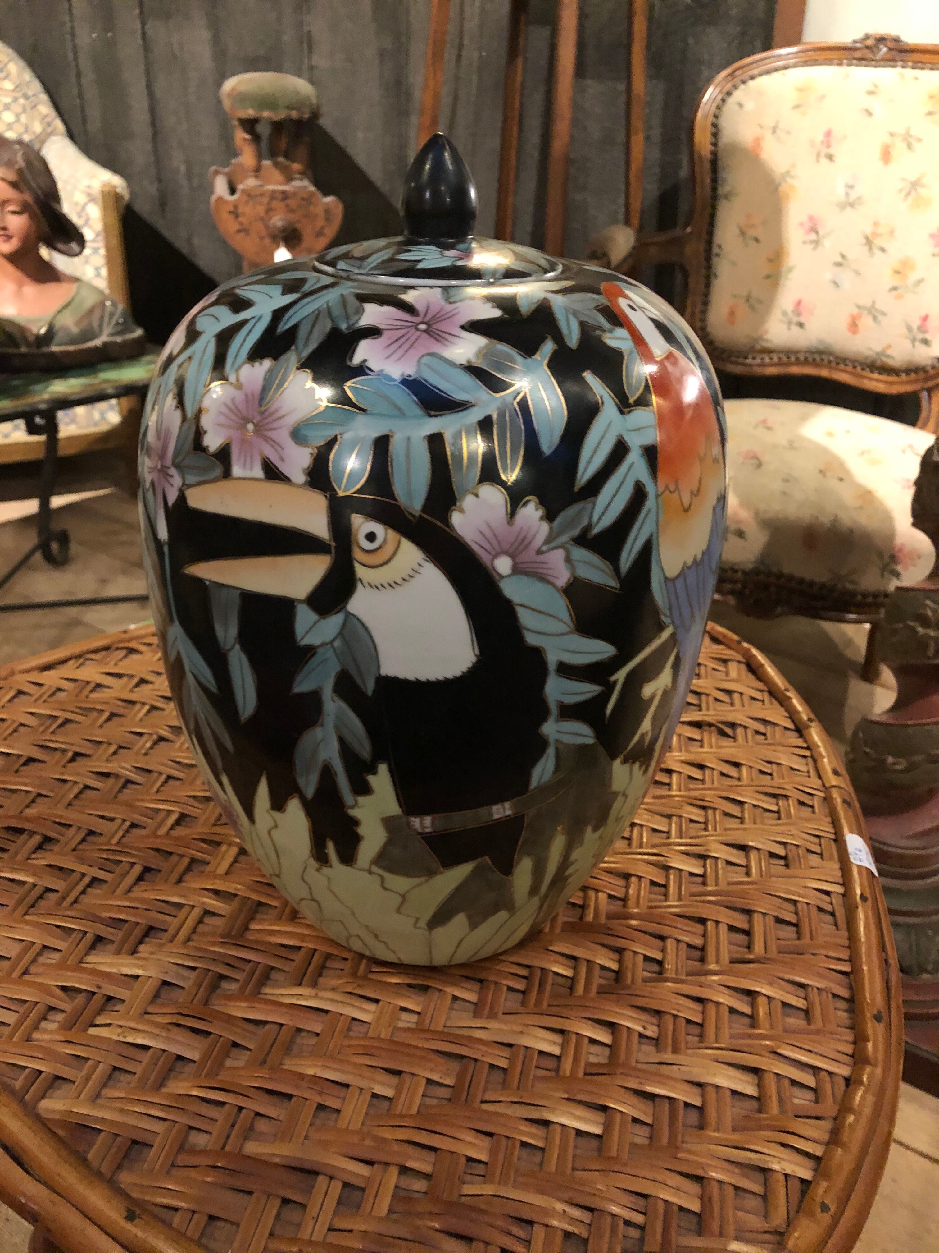 Chinese vase with toucans and parrots