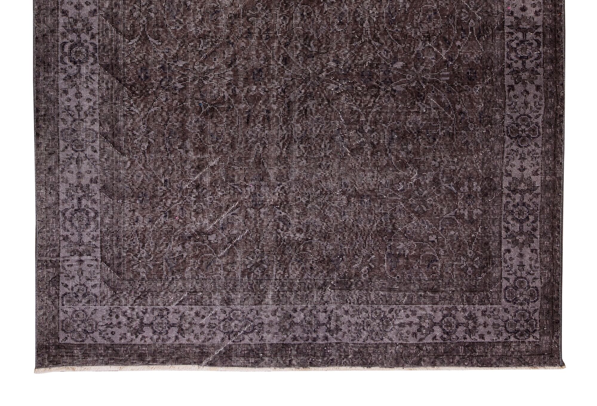 Floral pattern turkish handmade vintage wool area rug over-dyed in brown 195 x 268 cm