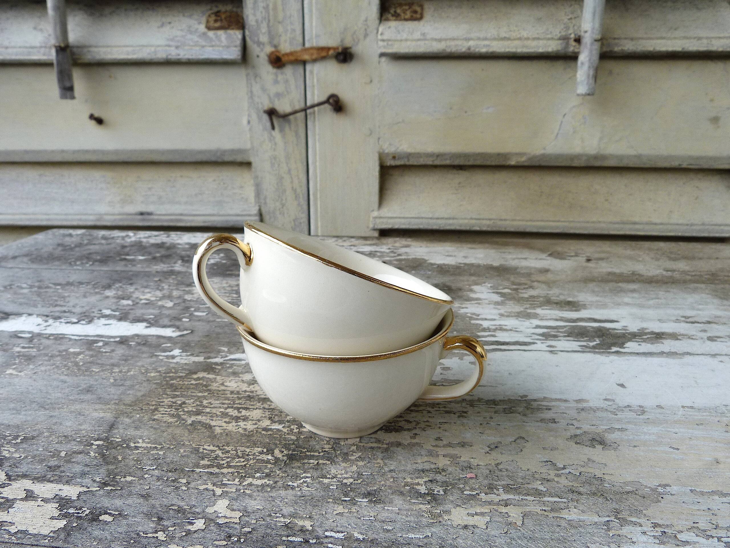 2 Villeroy & Boch Mettlach Ivory and Gold Cups and Saucers