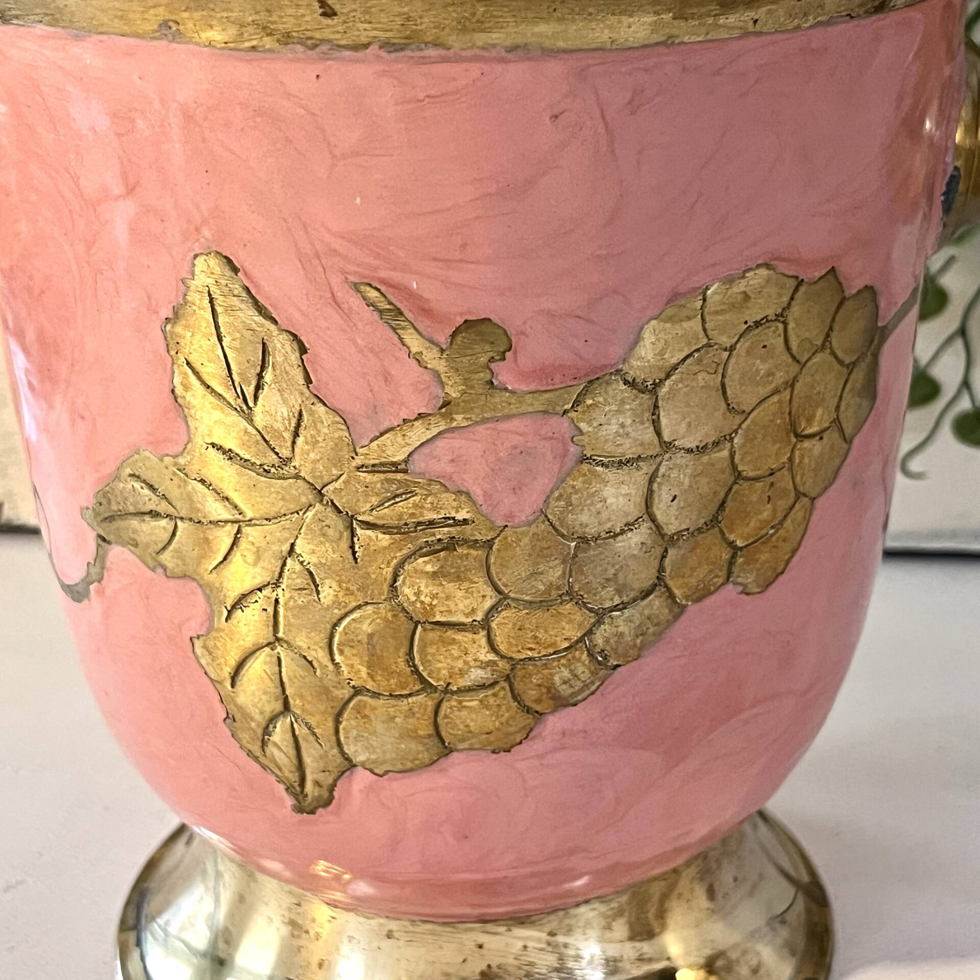 Enamel Ice Bucket – Vintage French Pink Gilt Grapevine Champagne Coole