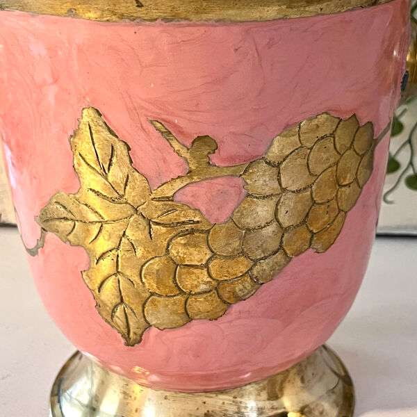 Seau à glace en émail – Vintage français rose doré vigne à raisin seau à champagne