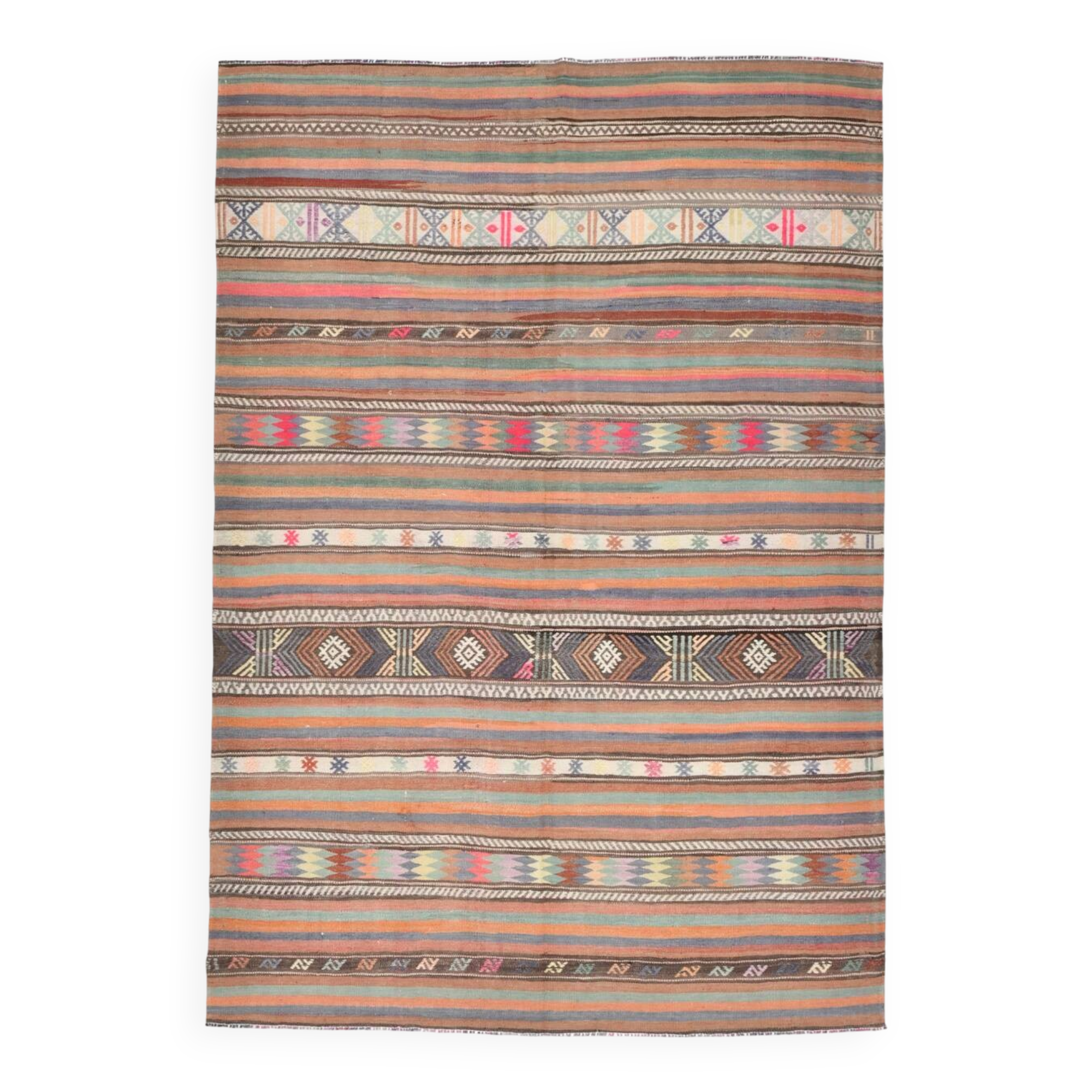 5x8 Orange Blue Striped Turkish Vintage Kilim Rug 170x245Cm