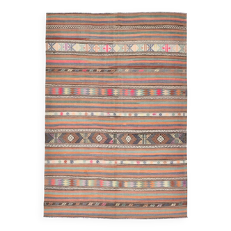 Tapis Kilim turc vintage rayé orange et bleu 5x8 170x245 cm