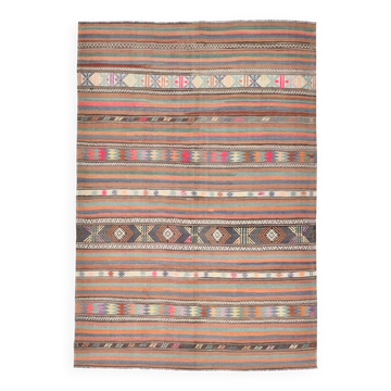 Tapis Kilim turc vintage rayé orange et bleu 5x8 170x245 cm