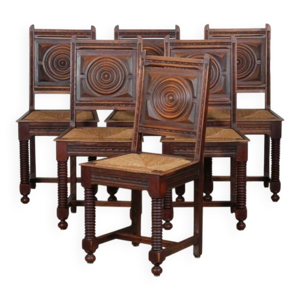 Suite de 6 chaises paillées - bois 1940