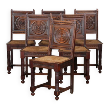 Set of 6 straw-seated solid wood chairs, French craftsmanship, 1940.