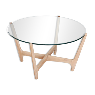 Table basse ronde - plateau en verre et piètement en hêtre