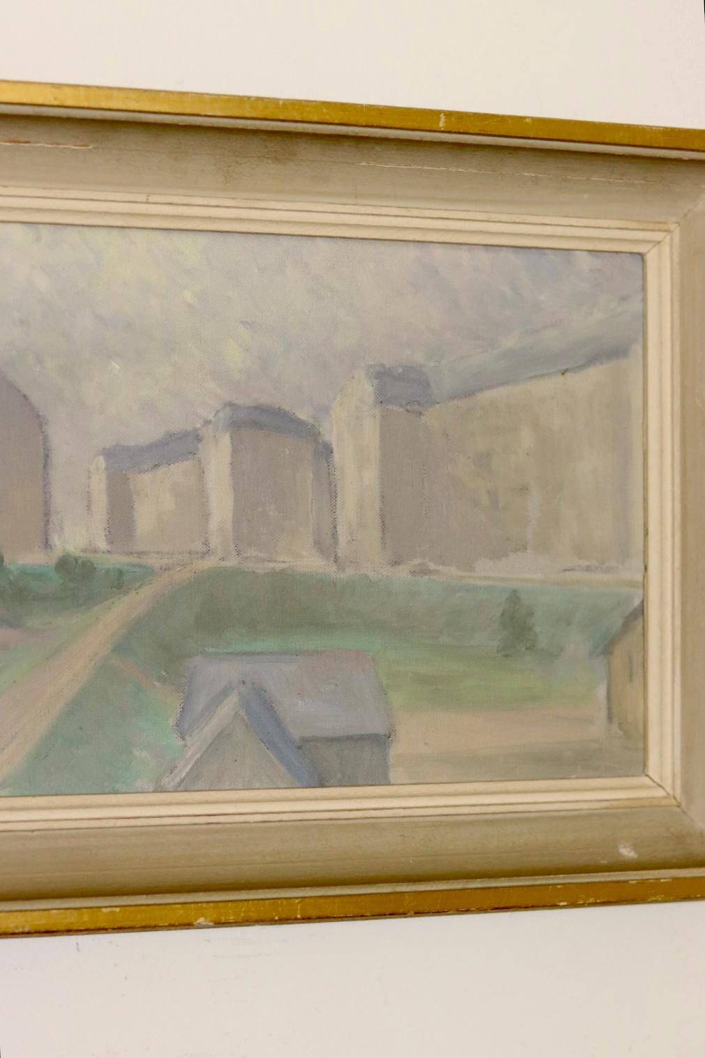 Original Swedish oil painting on canvas "Silent Houses" – vintage and framed