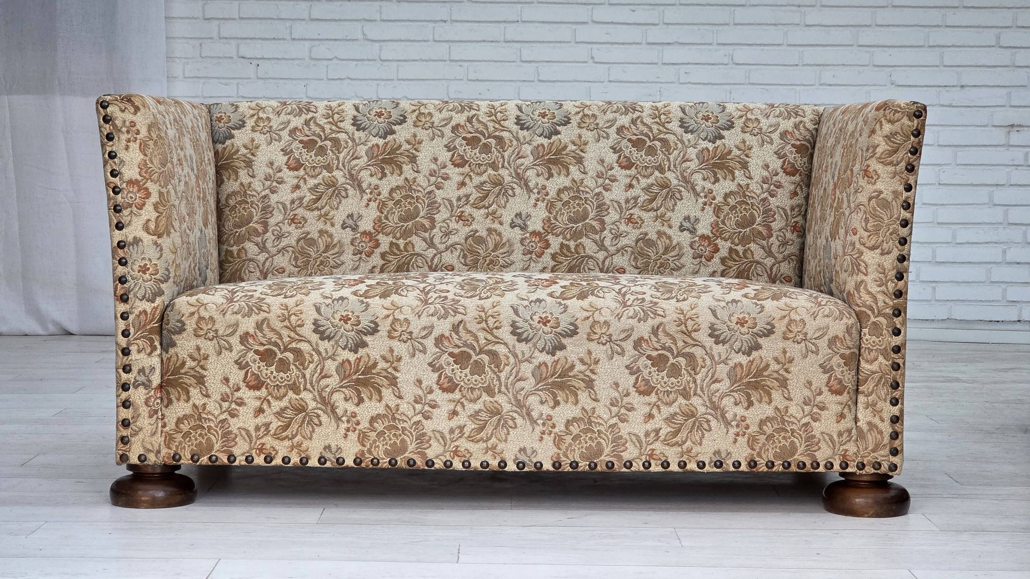1950s, Danish 2-seater sofa, beige/ brown furniture fabric, oak wood.