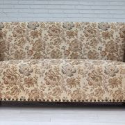 1950s, Danish 2-seater sofa, beige/ brown furniture fabric, oak wood.