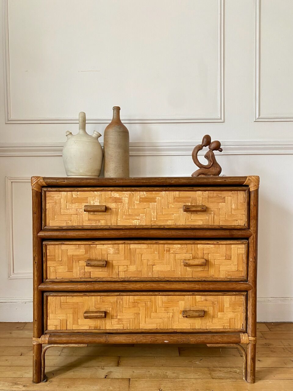Rattan and vintage bamboo chest of drawers