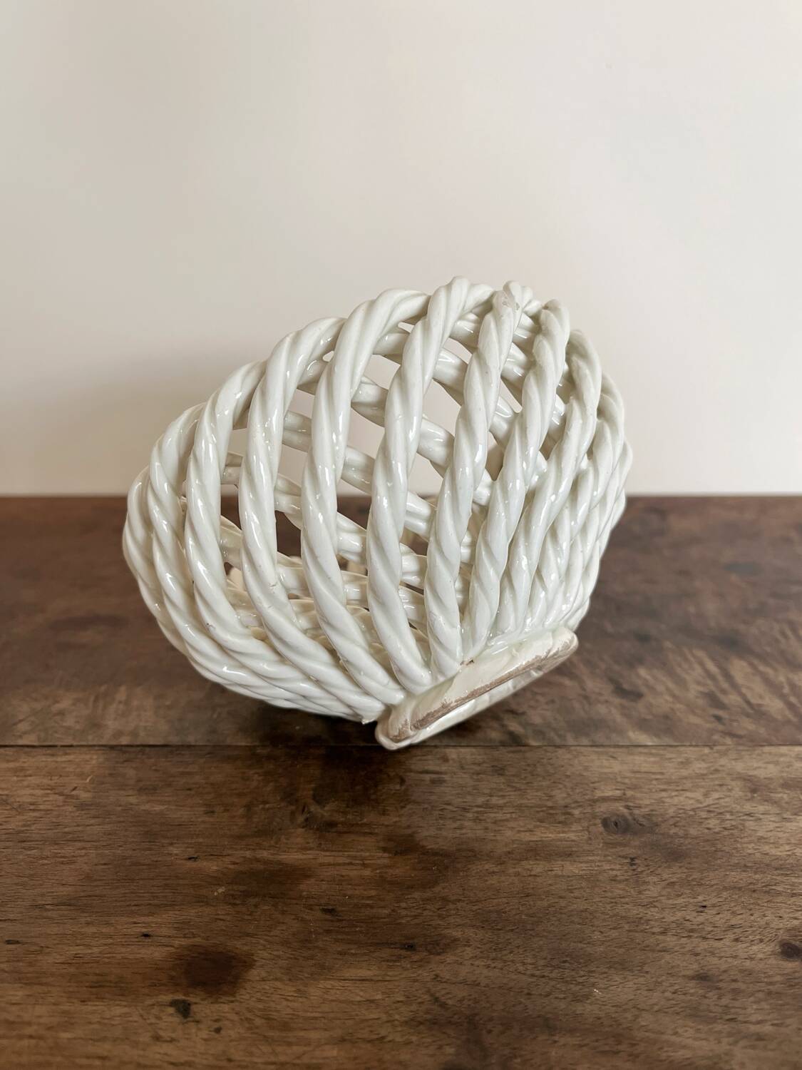 Small vintage white woven ceramic basket
