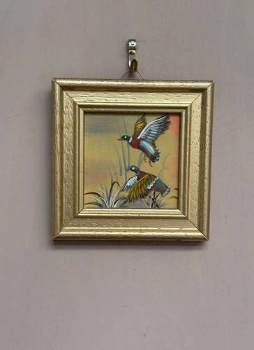 Mid-Century Oil on Panel “ Birds” by Unkown, Vintage & Framed 11 × 11 cm