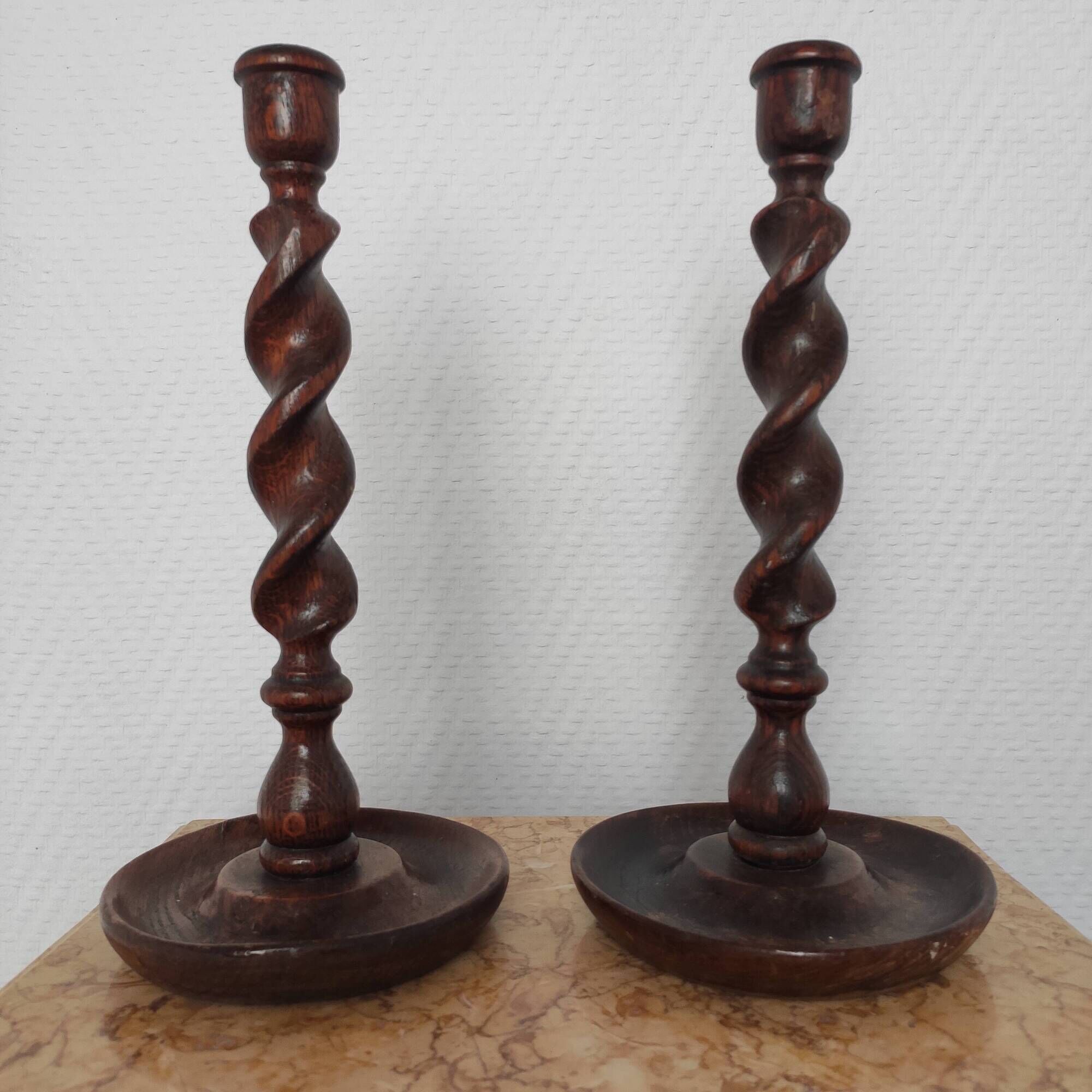 Pair of antique English turned wood candlesticks