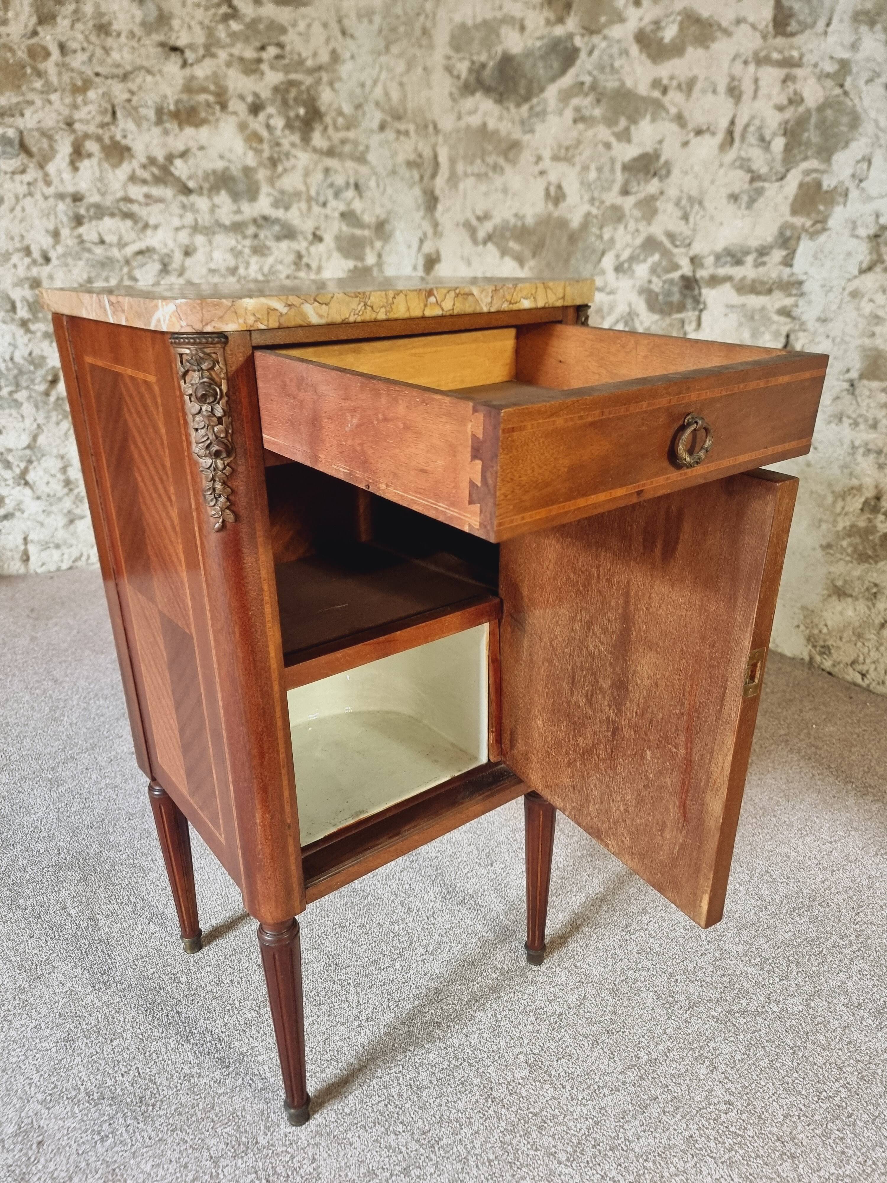 Antique French mahogany and walnut bedside table with marble top