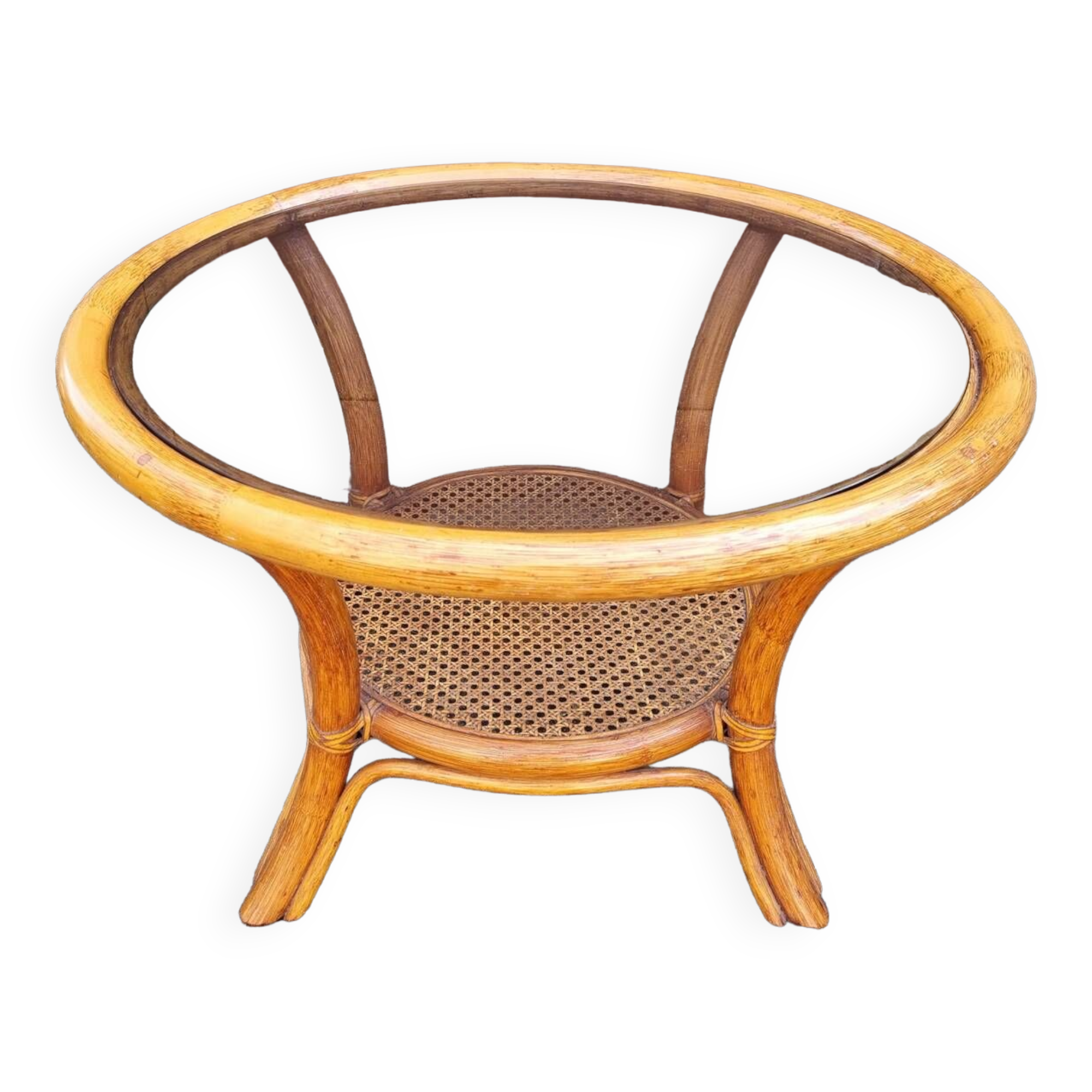 Round coffee table in cane and bamboo, vintage 1960