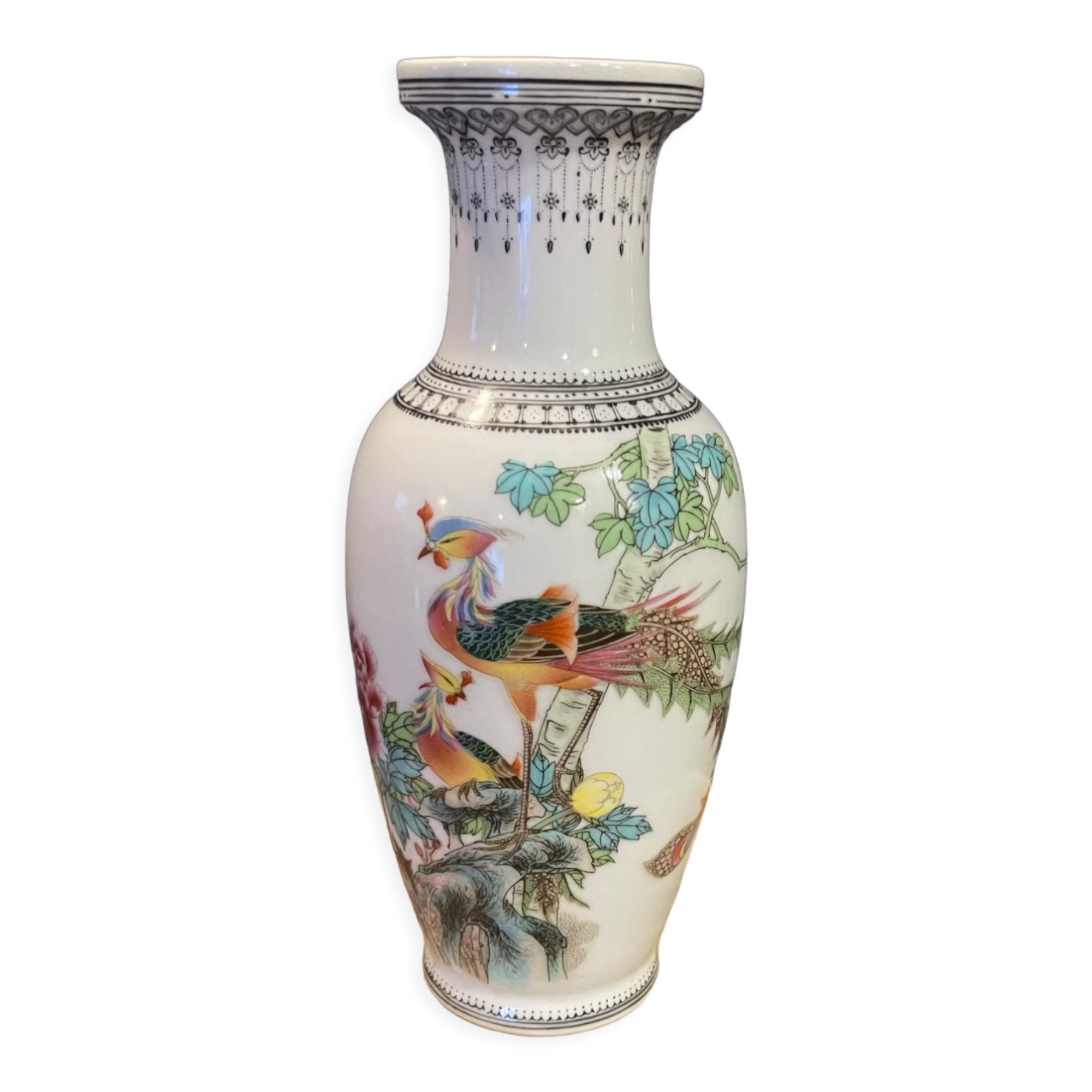 Ancient Chinese vase with porcelain bird green family 20th