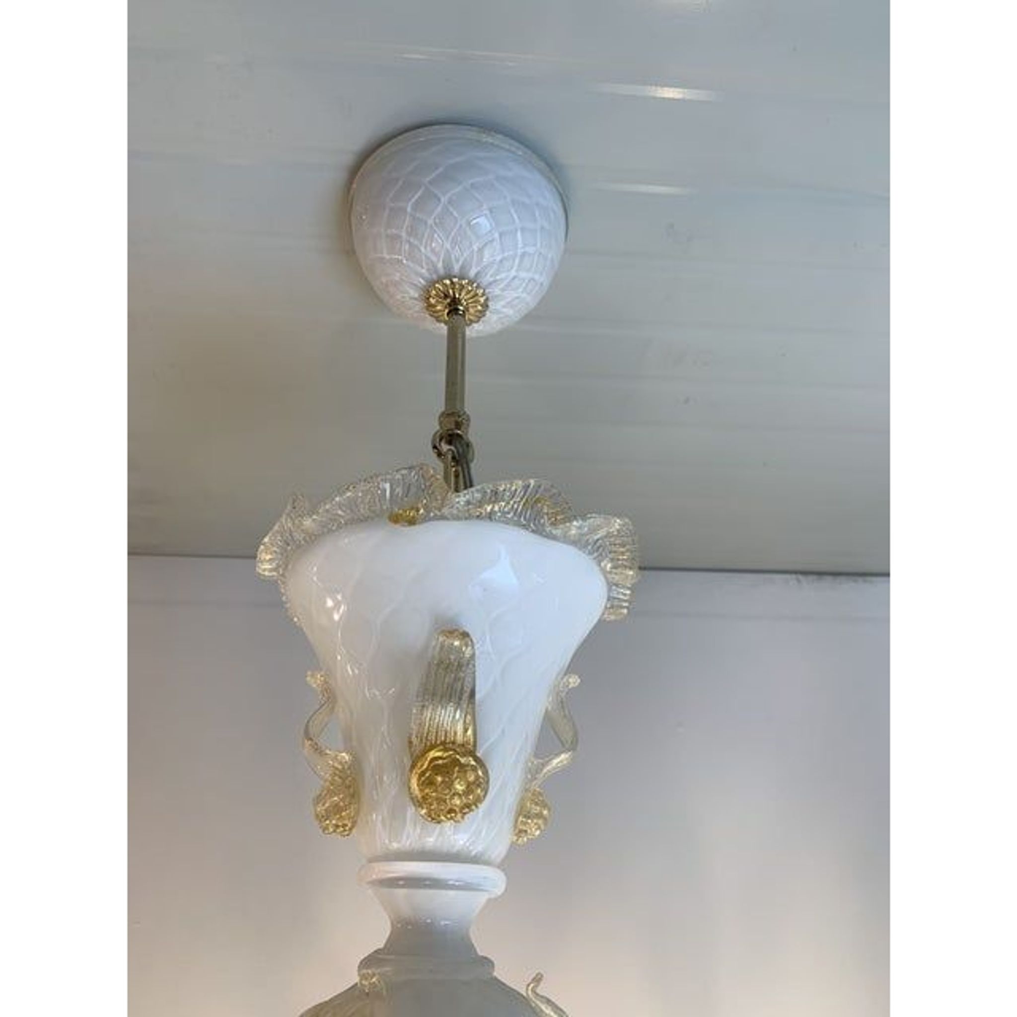 Milky and Gold Murano Glass Chandelier With Flowers and Leaves