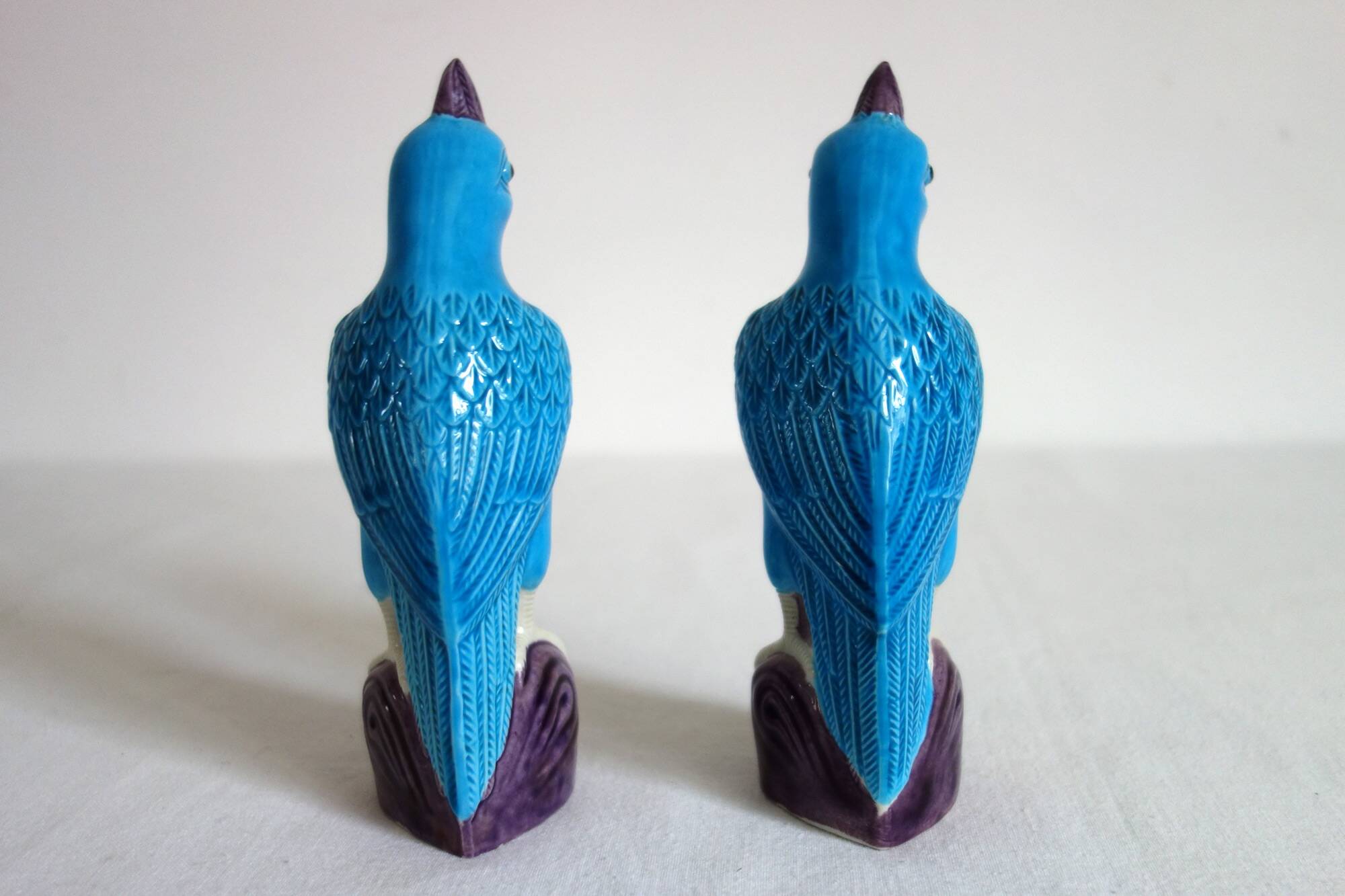 Pair of enamelled porcelain parrots, Chinese, 1960s.