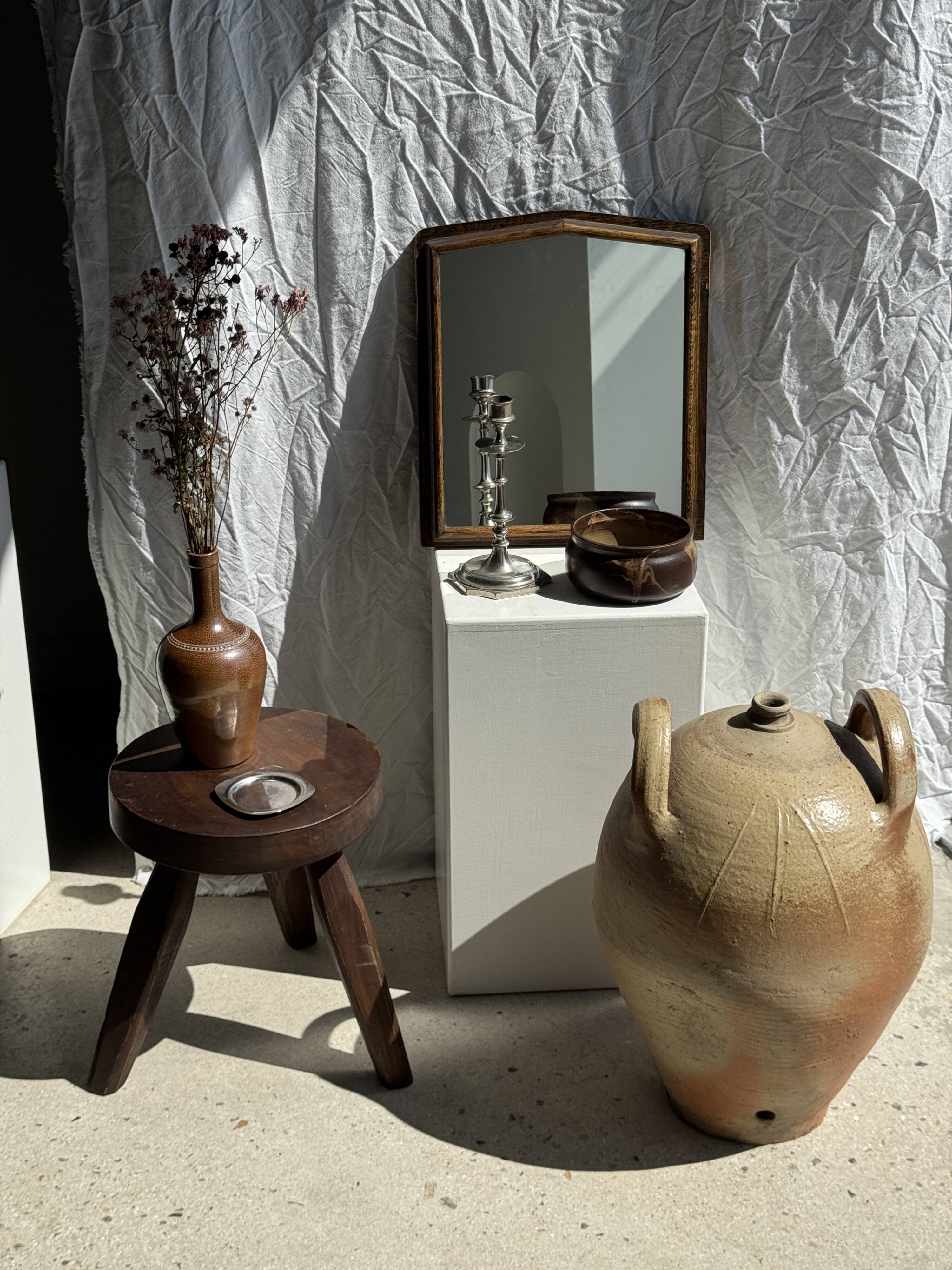 Small antique English rectangular mirror with pediment and oak frame