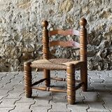 Rustic oak and straw chair, France 1940s