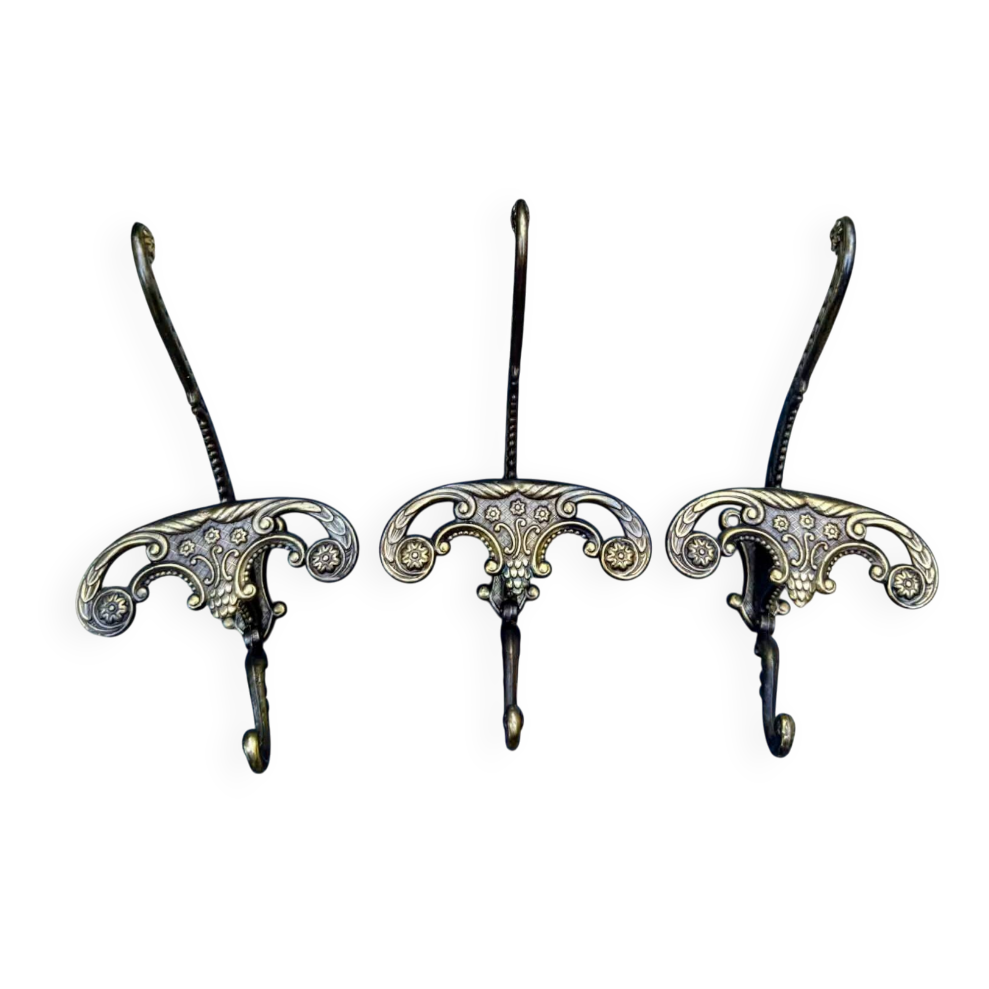 3 solid brass baroque coat hooks