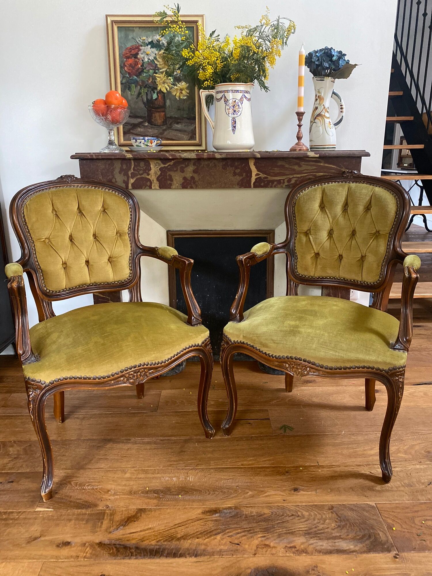 Cabriolets or Bergère armchairs Louis XV style in light green upholstered velvet