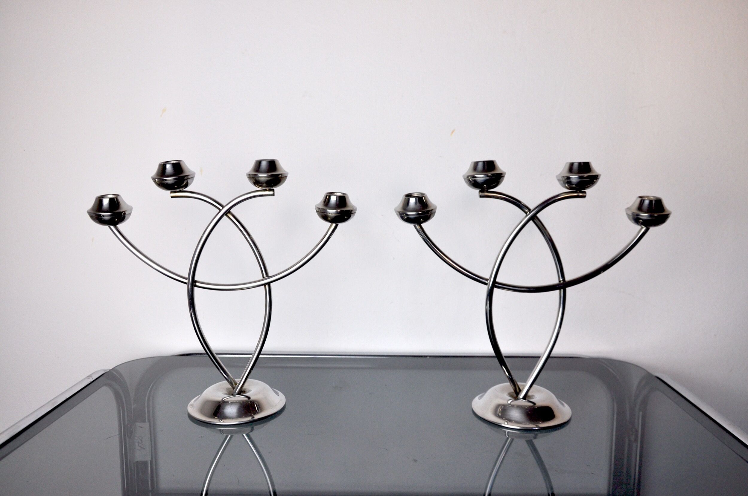 Pair of art deco candle holder in stainless steel 4 flammes, spain, 1970