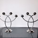 Pair of art deco candle holder in stainless steel 4 flammes, spain, 1970