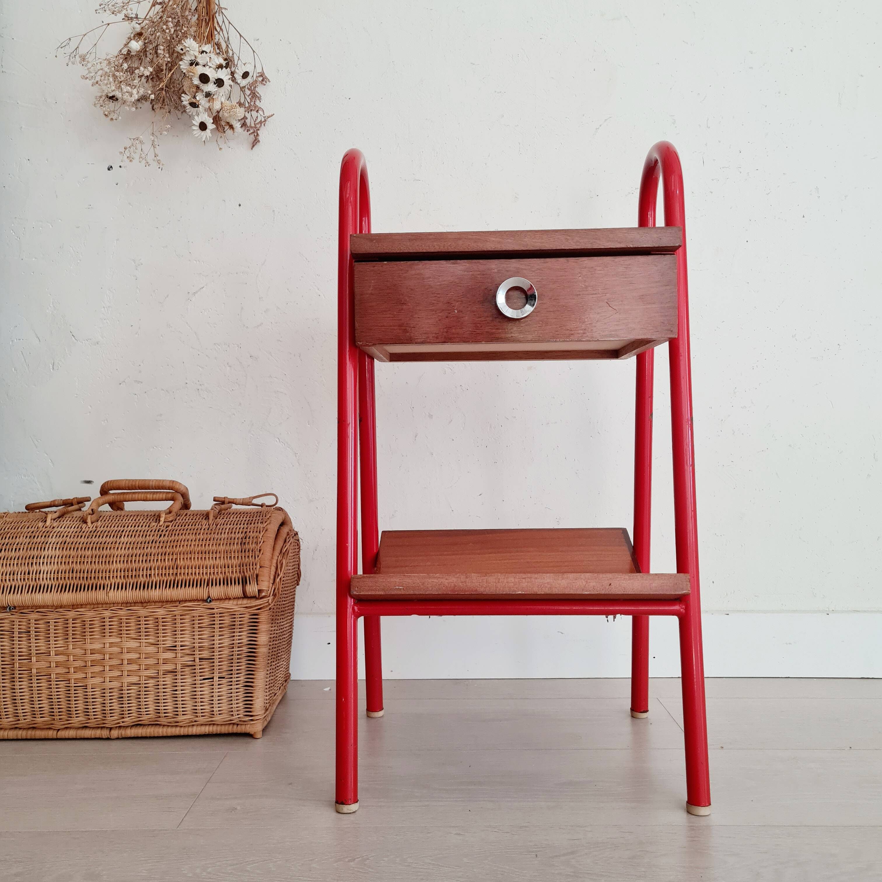 Small piece of furniture - boarding school type bedside table wood red metal