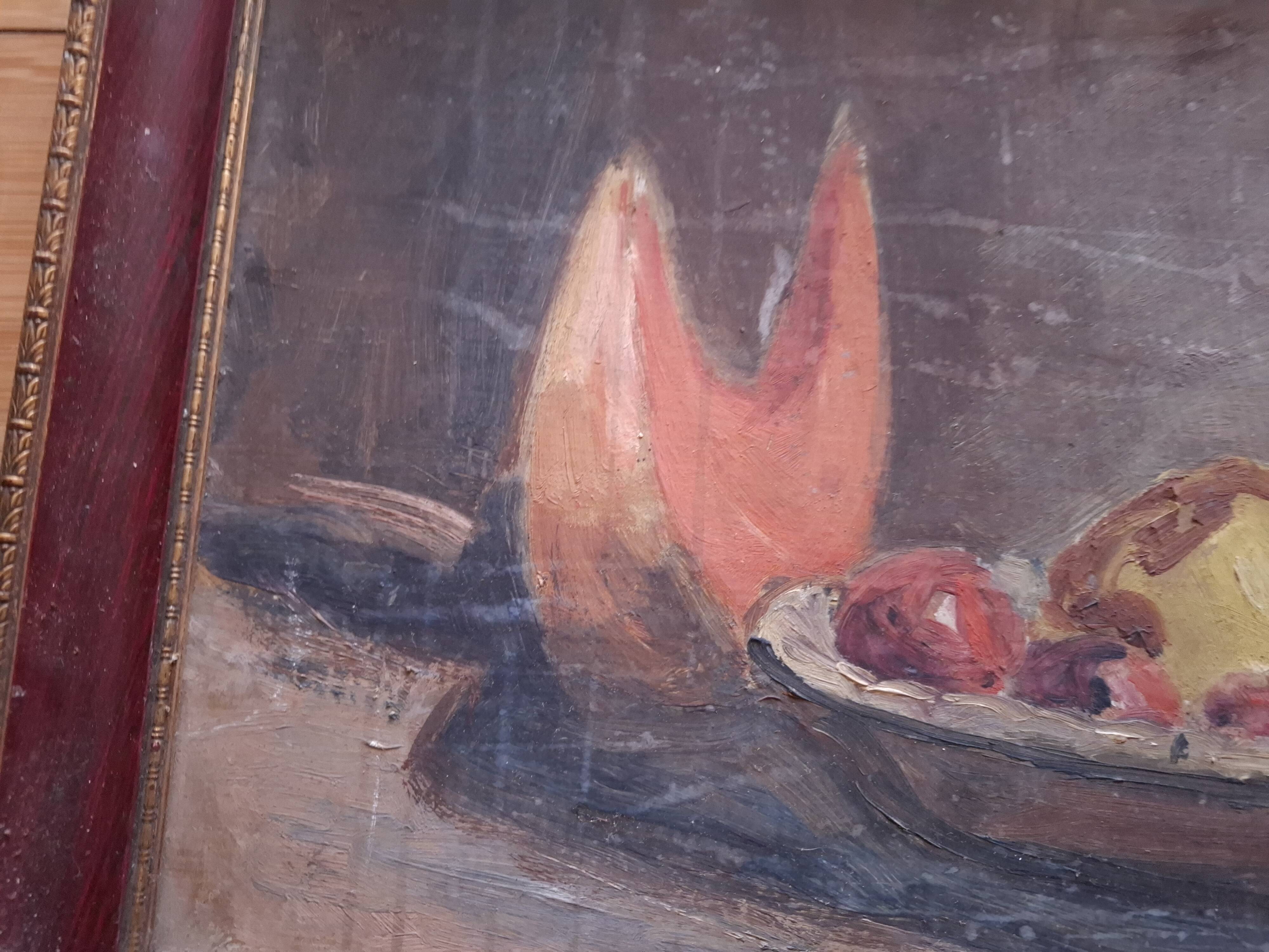 Tableau , huile sur carton  , nature morte coupe de fruit signée Bello