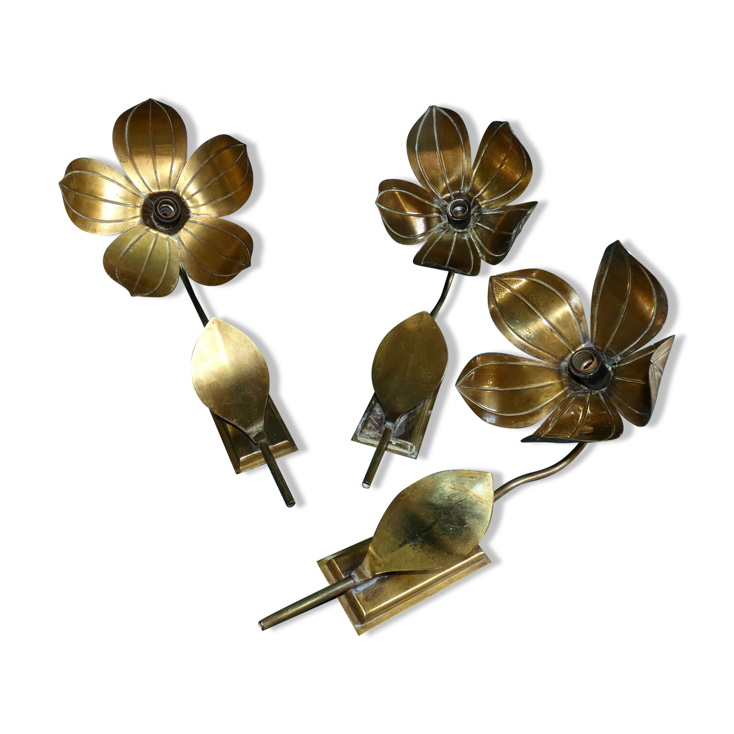 House florart 3 wall lamps vintage brass flowers circa 1960