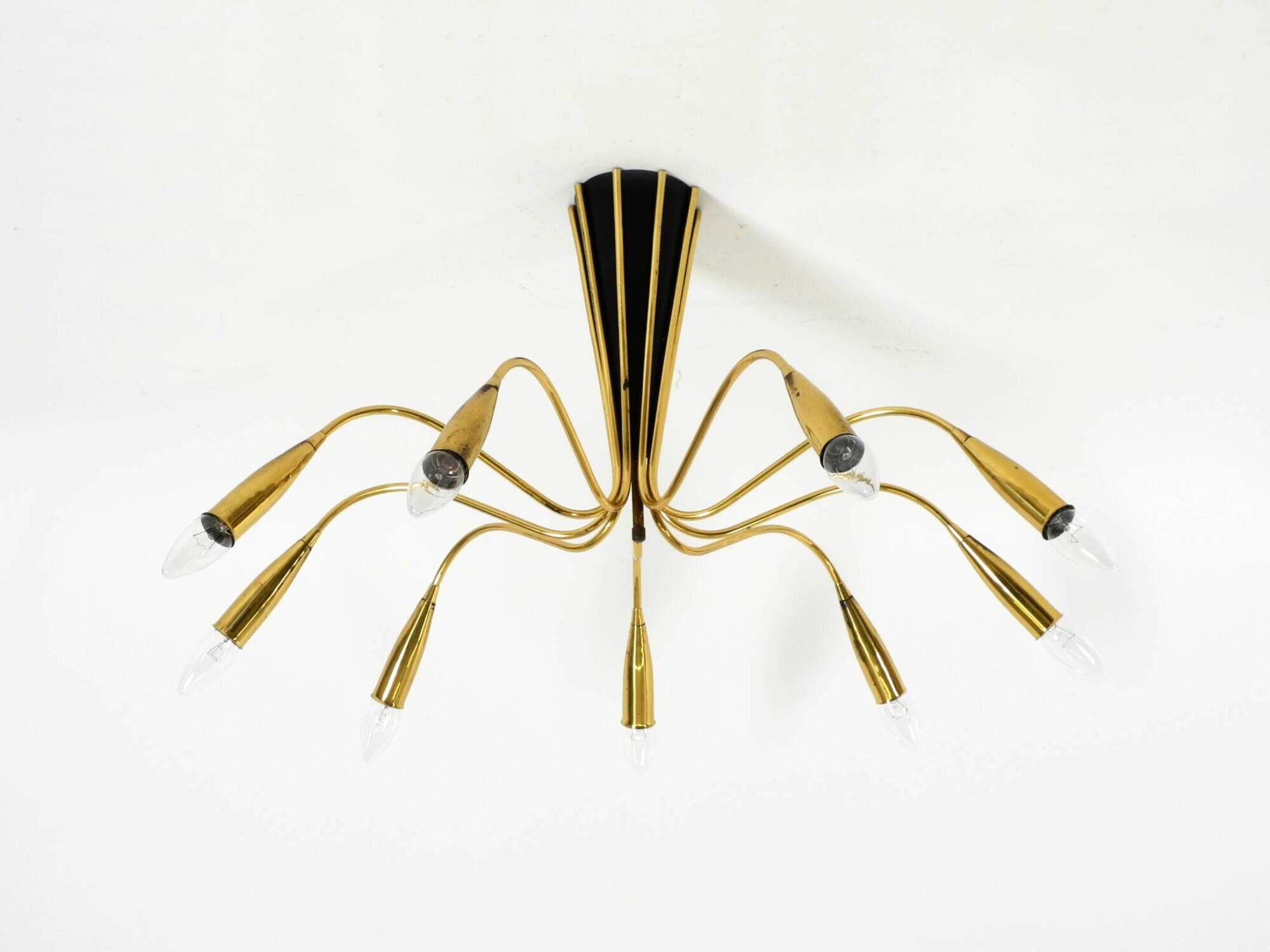 Beautiful large 9-arm Mid-Century Modern brass Sputnik ceiling lamp