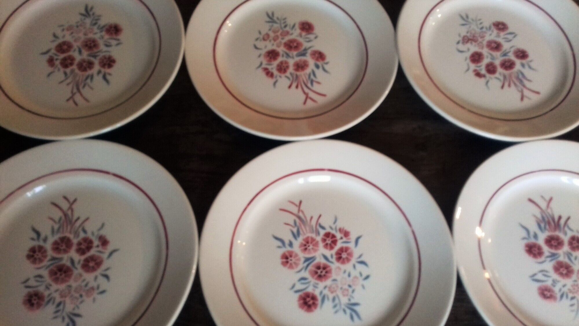 Lot 6 plates flat Badonviller Francine eyelets blue red 1940