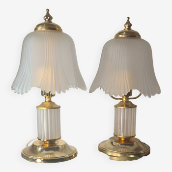 pair of bedside lamp, molded glass and brass 1970