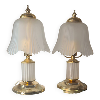 pair of bedside lamp, molded glass and brass 1970