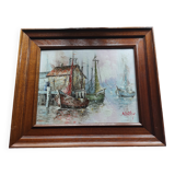 Peinture à l'huile sur toile encadrée paysage marin/bateaux/port signée Morlay