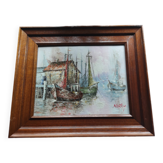 Peinture à l'huile sur toile encadrée paysage marin/bateaux/port signée Morlay