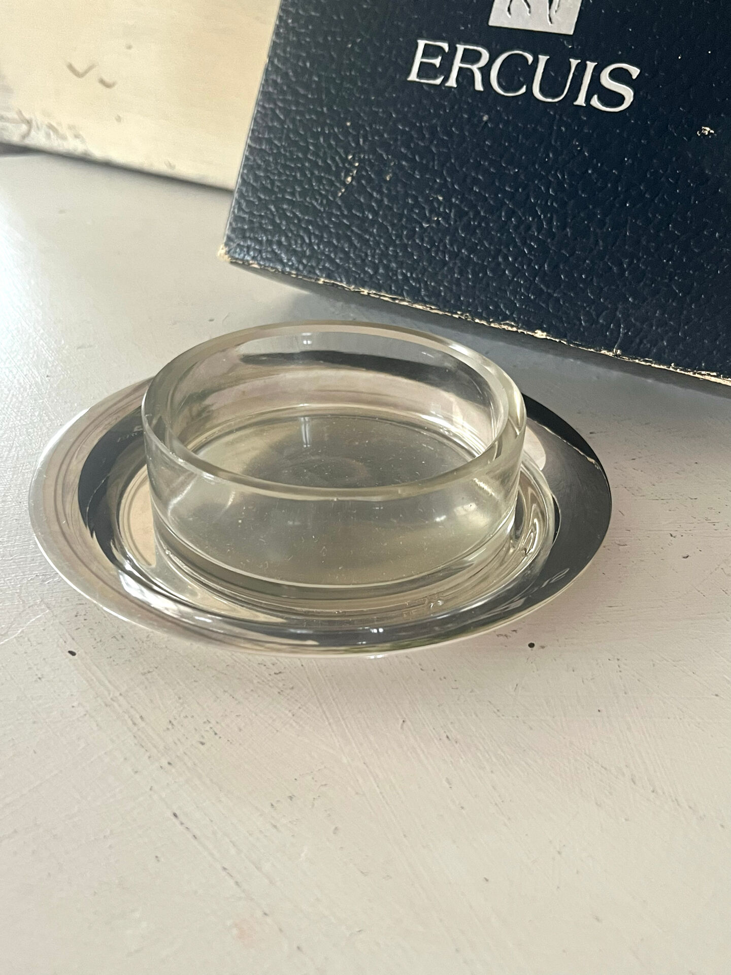 Silver plated butter dish with crystal insert by Ercuis, original box