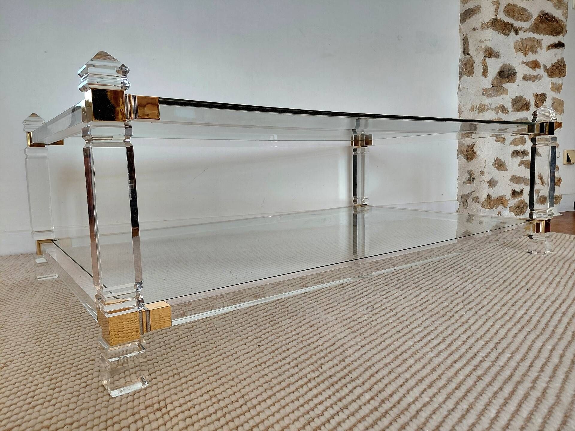 Large Hollywood Regency coffee table Lucite Brass double top 70s