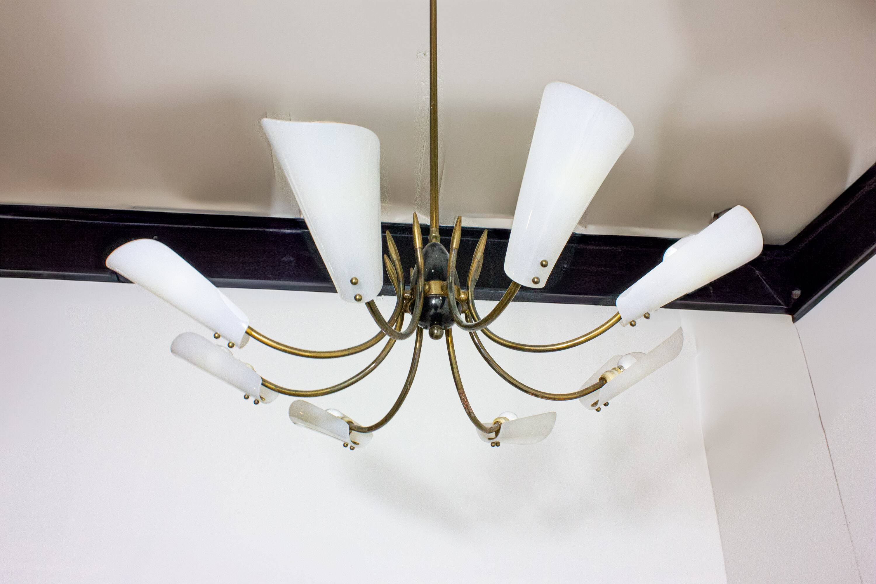 Vintage Italian radial spider chandelier with frosted shades, 1970s