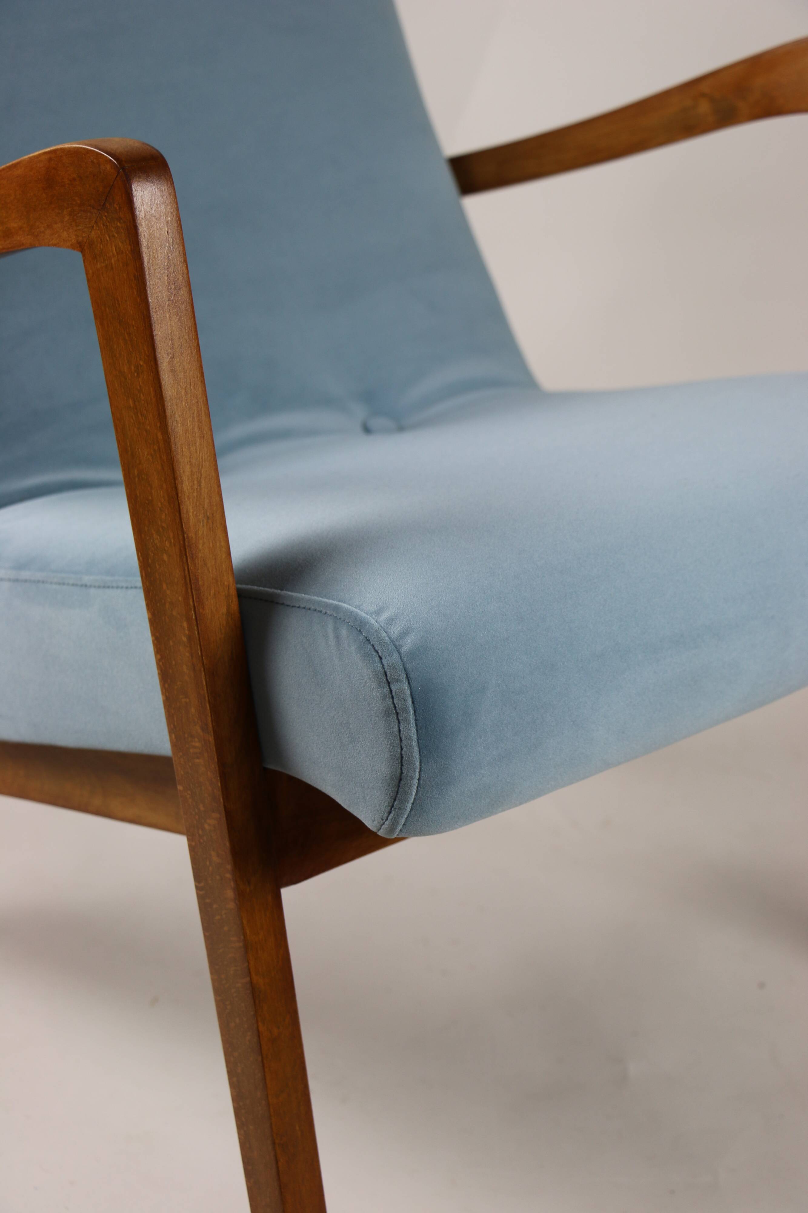 Vintage blue grey velvet lounge chair, 1970s