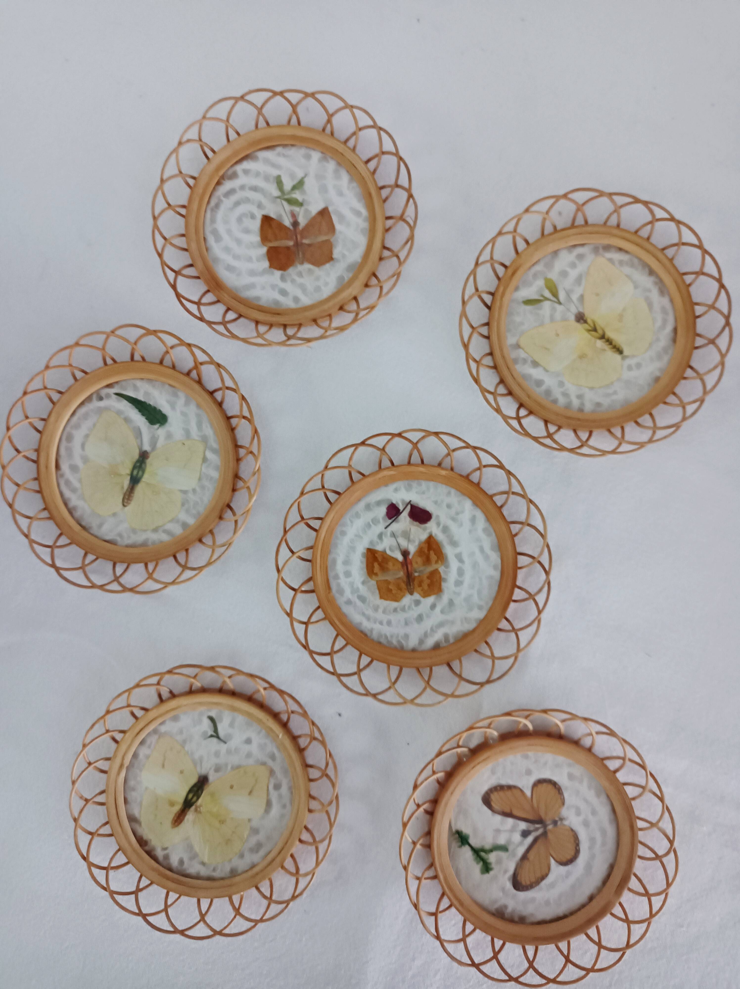 Set of 6 butterfly wicker coasters