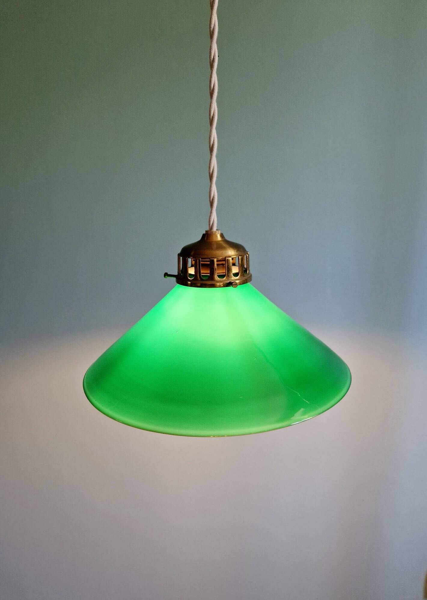 Art Deco pendant light in conical green opaline, 1920s-30s