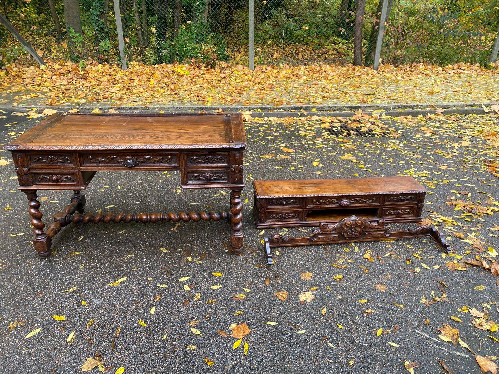 19th-century Renaissance carved oak desk with chair