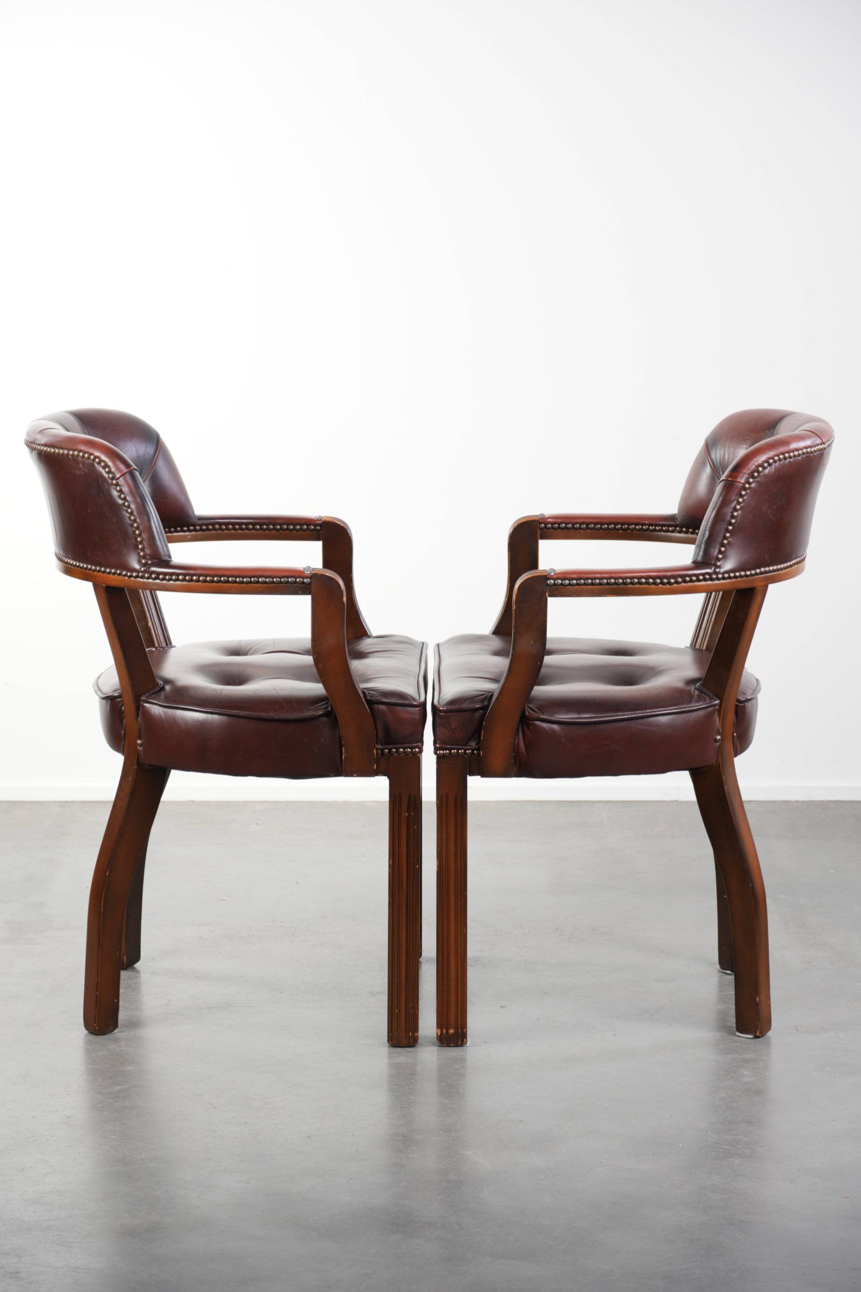 Set of two brown cowhide leather Chesterfield dining chairs