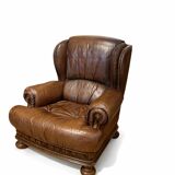 Vintage English Leather Wingback Armchair – 1980s
