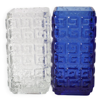 Two Vintage Mid-Century Cobalt & Clear Glass Vases Taalari / Tamara Aladin