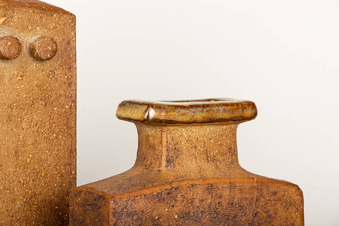 Pair of Swedish vases, brutalist, stoneware, glazed neck, Curt Magnus Addin.