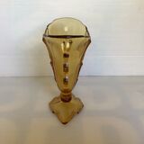 Old yellow glass vase triangular handles diamond base